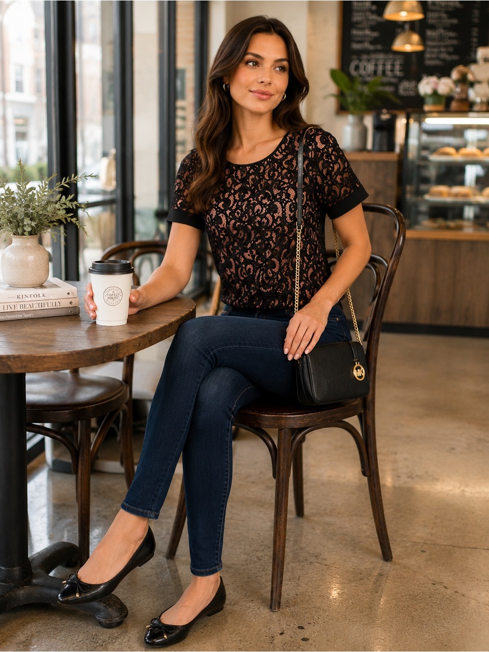 Express Black Lace Overlay Top with Blush Nude Lining–Feminine Career Chic Small